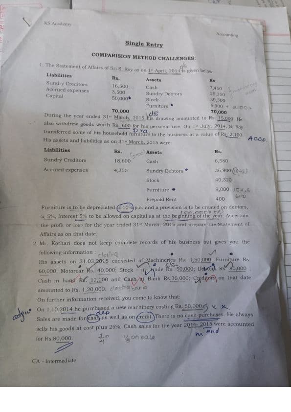 First page of Single entry ca foundation capital comparison method