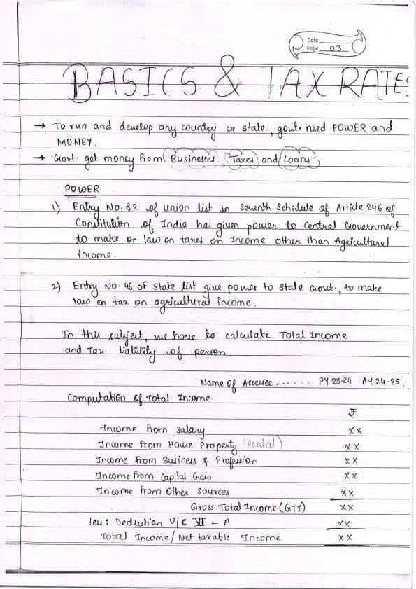 First page of BB sir class Hand written notes of taxation with compiler solution