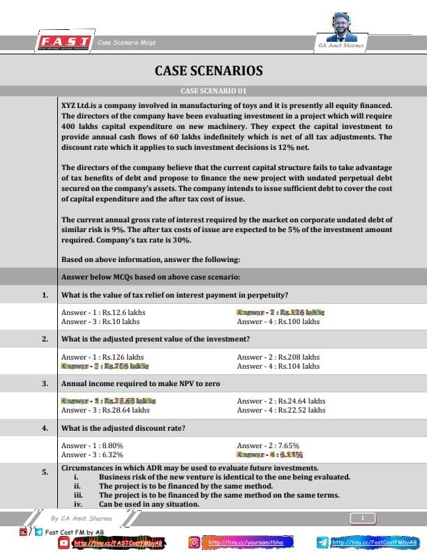 First page of FM: Case Study MCQ's By Amit Sharma Sir !!!