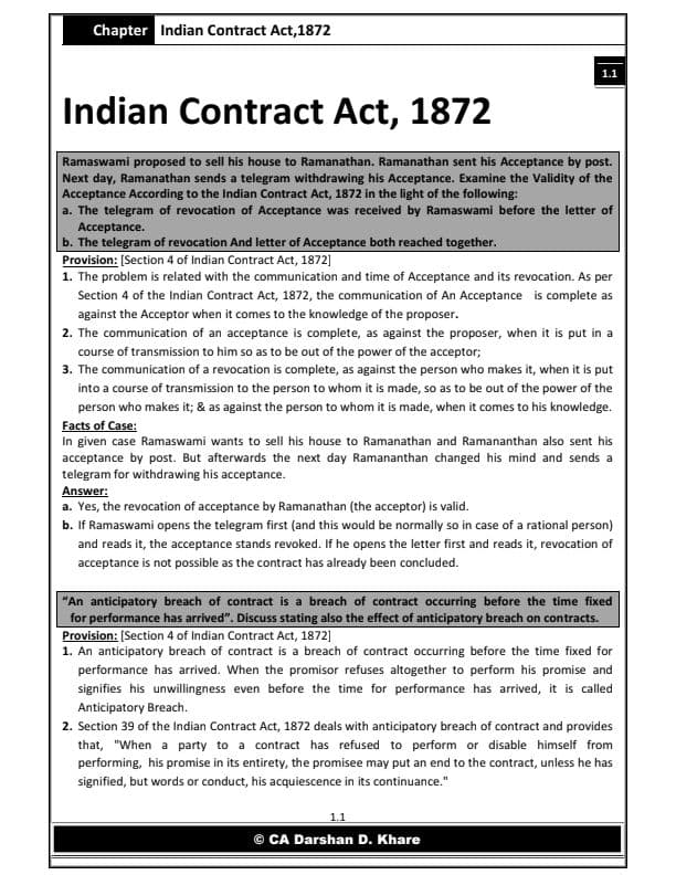 First page of All indian contract Act ,1872 important case studies and answer