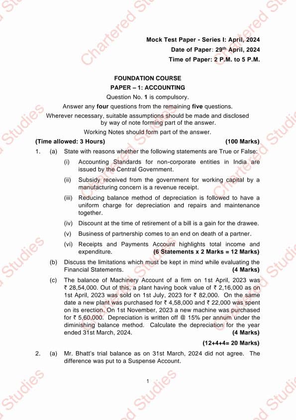 First page of Mock test paper series 1 , 2024 accounts..