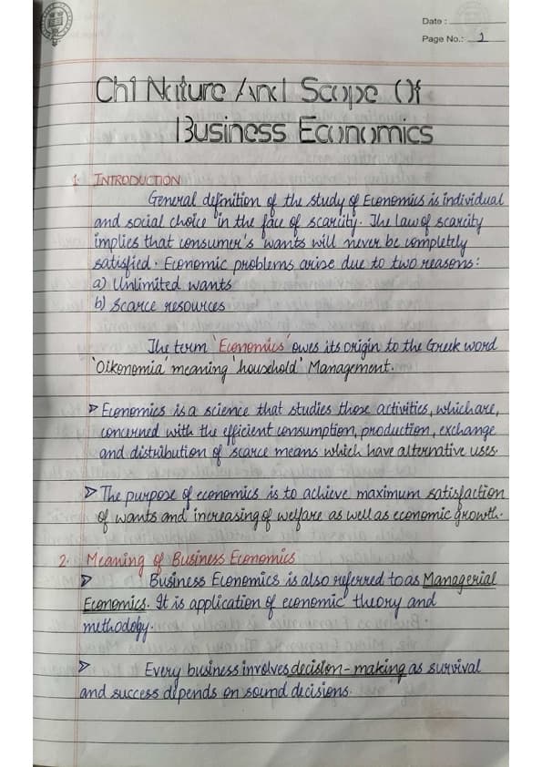 First page of Business Economics summary notes