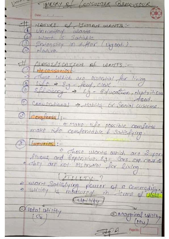 First page of Ch-2 ,UNIT-2 : Theory of Consumer Behaviour. (Short notes)