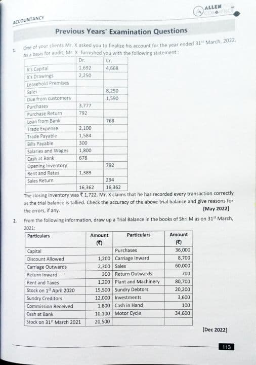 First page of Account pyqs by Allen Commerce