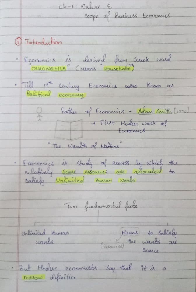 First page of CA foundation Summary notes of Business economics Ch-1: Nature and scope of business economics