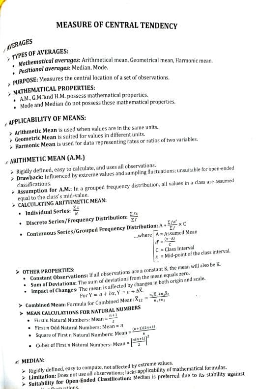 First page of Central tendency and dispersion notes