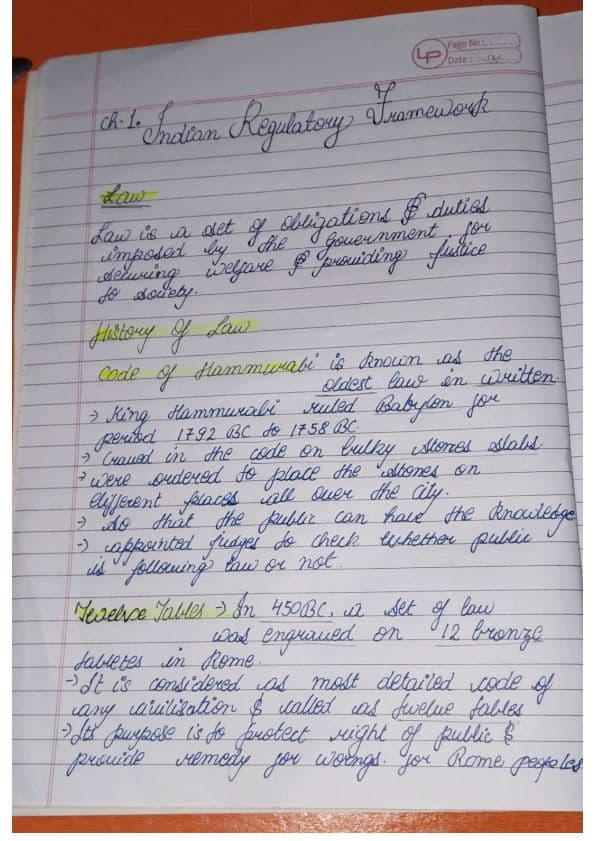 First page of Handwriting notes for Ca Foundation Ch=1 INDIAN REGULATORY FRAMEWORK