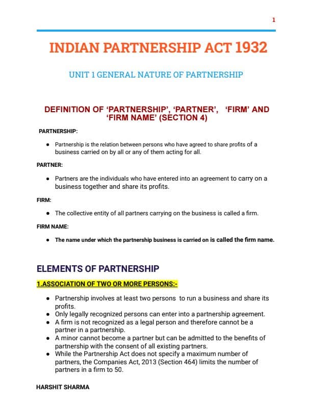 First page of Indian partnership act 1932 notes Made by harshit sharma