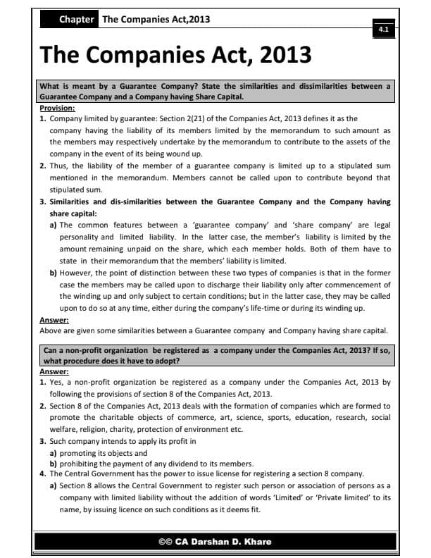 First page of Companies act-2013 important questions