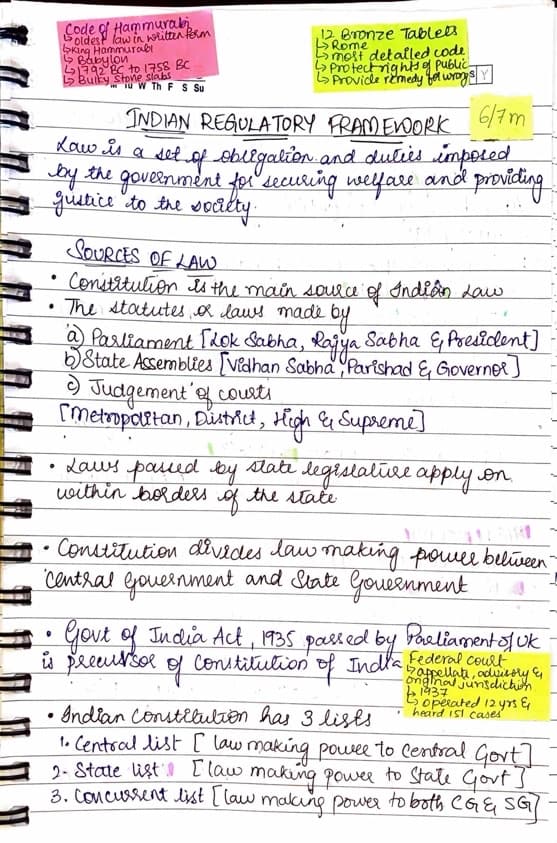 First page of Indian regulatory framework detailed handwritten notes