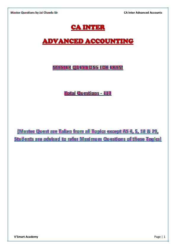 First page of ADVANCED ACCOUNTS MASTER QUESTIONS BY JAI CHAWLA SIR