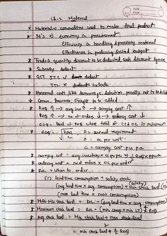 First page of These are handwritten summary notes of Material and employee costing