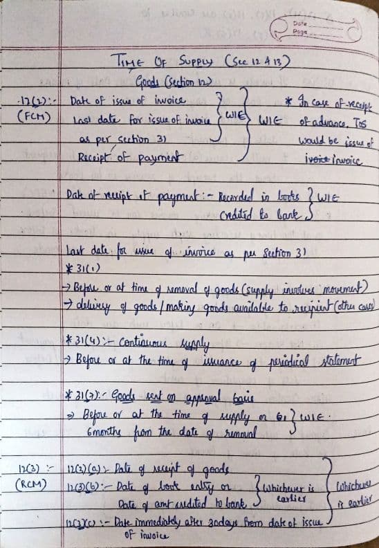 First page of These are handwritten summary notes of CH6( time of supply) of GST