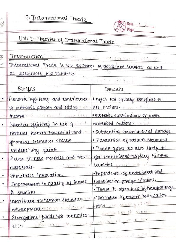 First page of International trade notes
