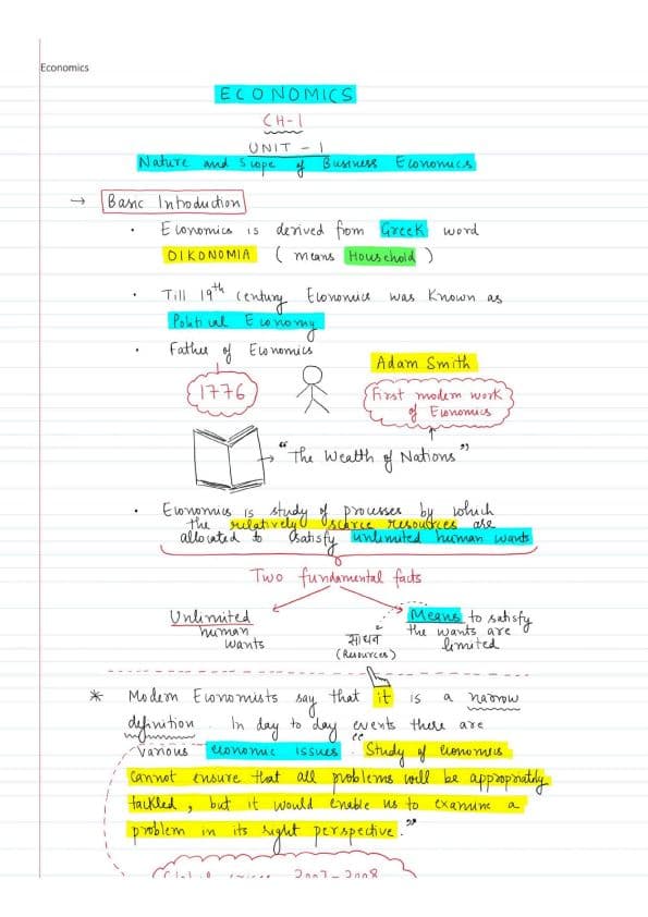 First page of Full economics handwritten notes by CA Parag Gupta sir