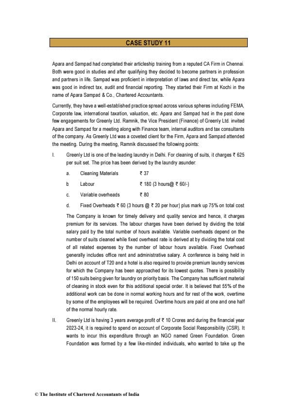 First page of Case Study 11 For Practice By ICAI