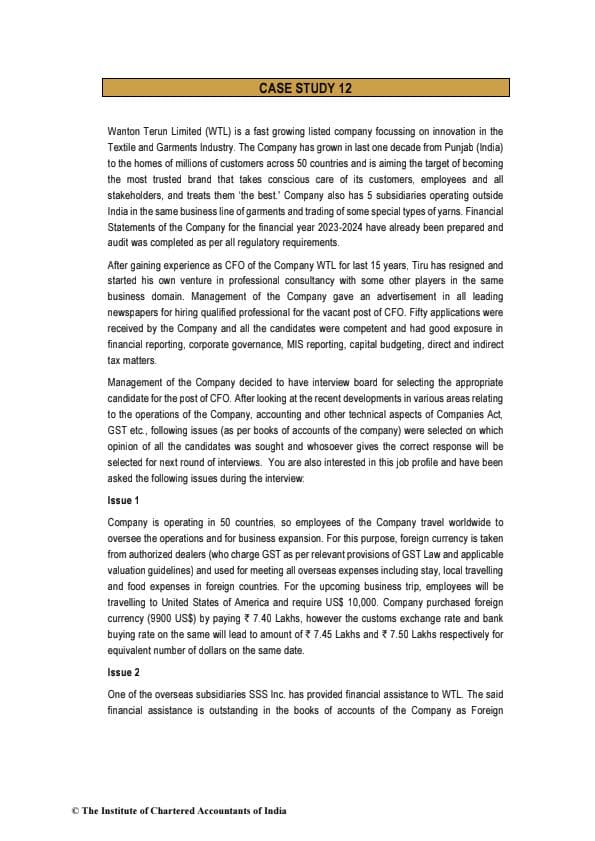 First page of Case Study 12 For Practice By ICAI