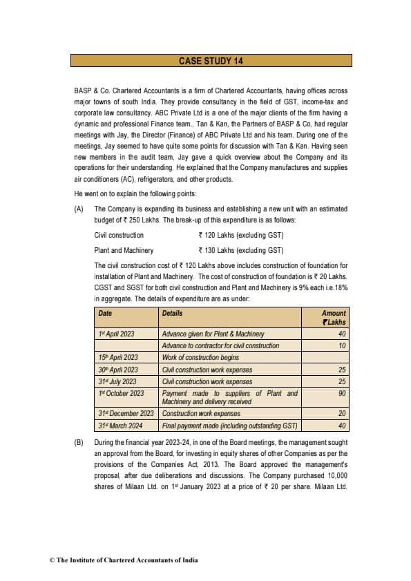 First page of Case Study 14 For Practice By ICAI