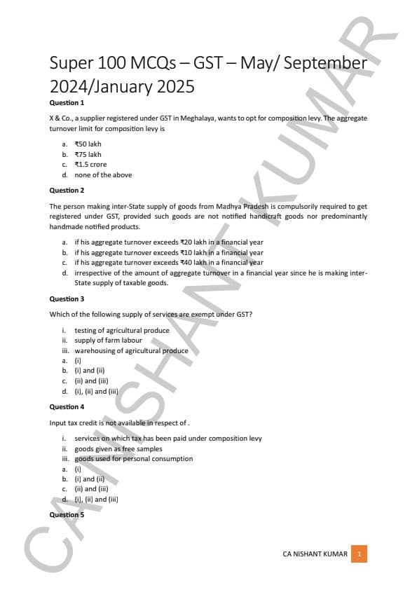 First page of GST 100 MCQ's For Jan 25 By CA Nishant Kumar Sir