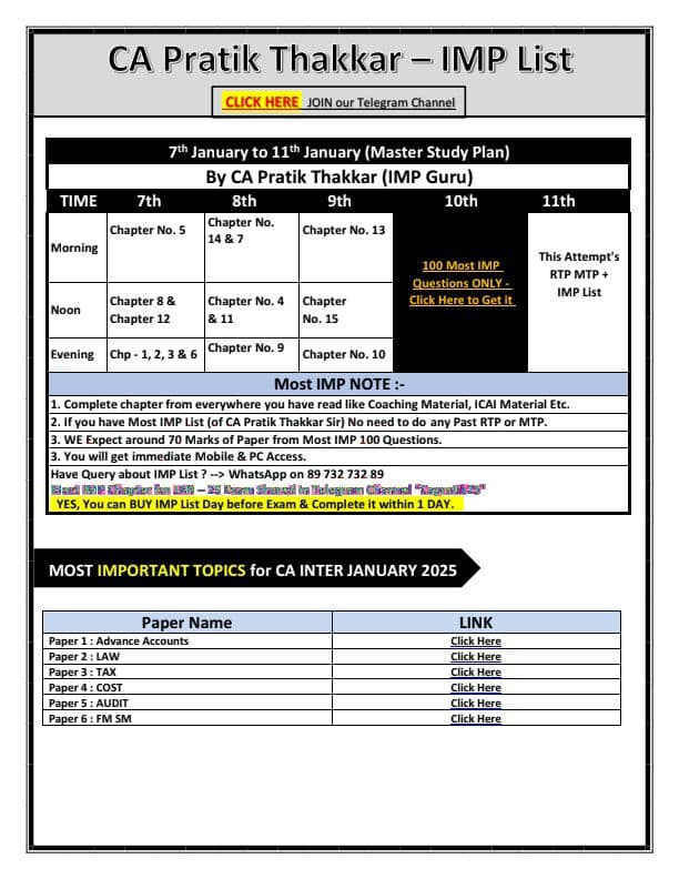 First page of Advanced Accounting 7th Jan to 11 Jan Schedule Of CA Pratik Thakkar