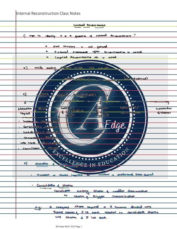 First page of Advanced accounting Internal reconstruction Class notes covering all Journal entries by CA Sahil Narang