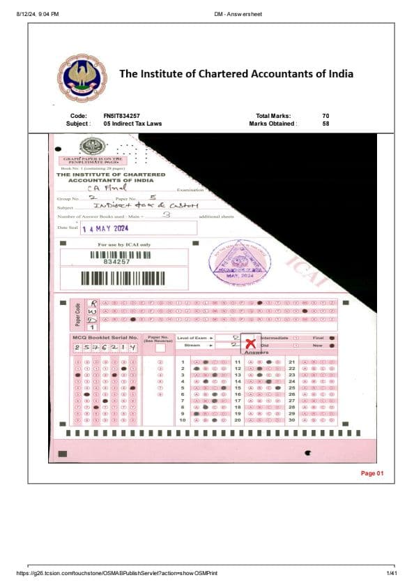 First page of Certified Answersheet Of Rohit Garg For May 24