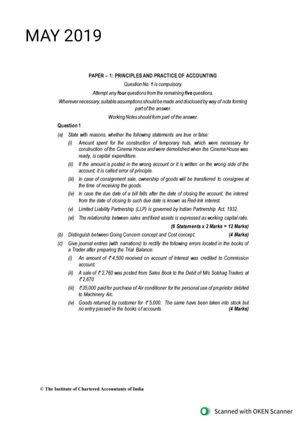 First page of Accounts pyq May 2019, Nov 2019