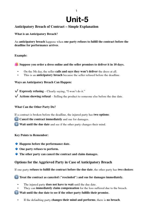 First page of Indian contract act unit-5 short notes with examples