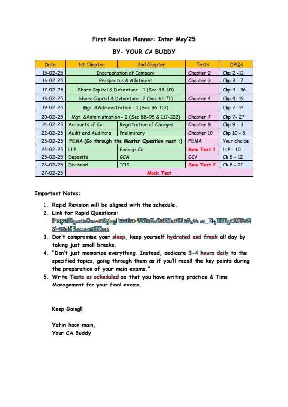 First page of CA INTERMEDIATE LAW REVISION PLANNER . FOR MAY 25