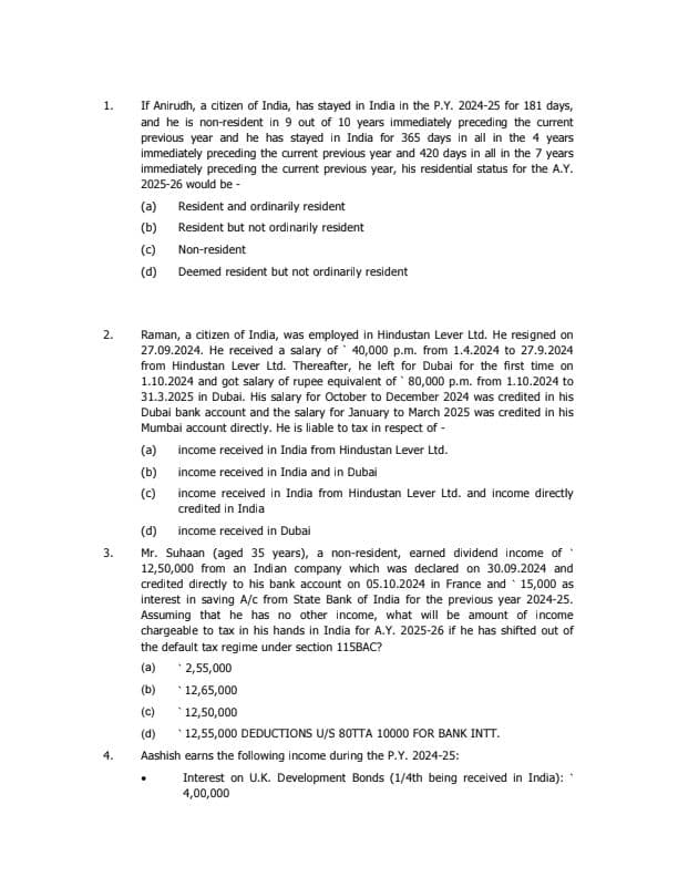 First page of CA Inter Taxation Paper 3A - Chapter 2 MCQs