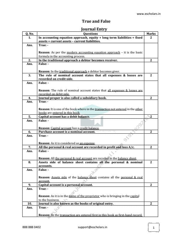 First page of True and false questions accounting