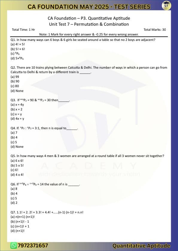 First page of Permutations and combinations Test 7