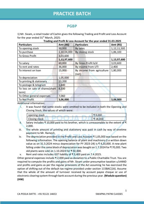 First page of CA Pooja Mam PGBP practice question bank Answers available in next post.