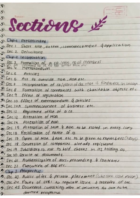 First page of Handwritten law sections of all chapters Do mention if you need the list of all form numbers