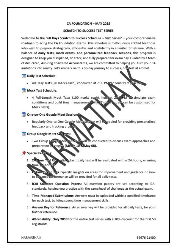 First page of 60 day strategy for c.a foundation students may 2025 attempt