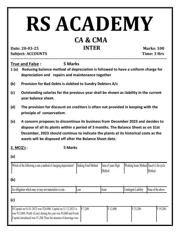 First page of Practice questions for accounts