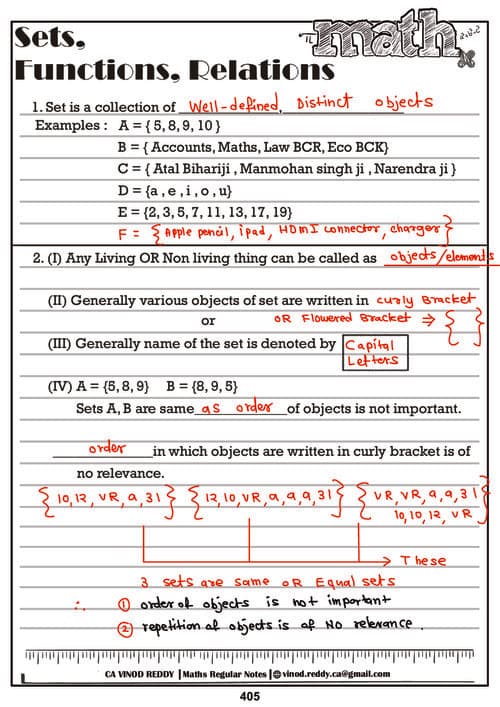 First page of Set, Relation and functions by ca Vinod Reddy sir