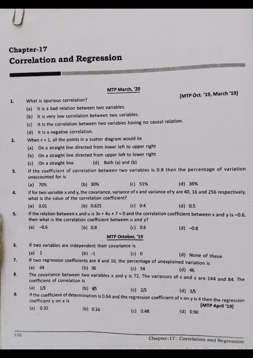 First page of QA Correlation and Regression past year mtp practice questions with answer key