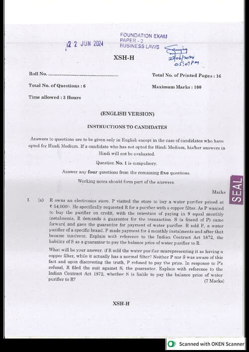 First page of Business law pyq question paper June 24, sep 24 and Jan25
