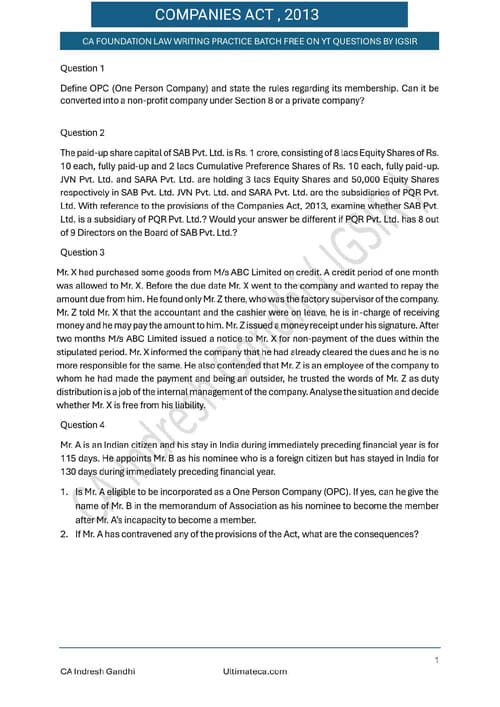 First page of Companies act,2013 practice question IG Sir