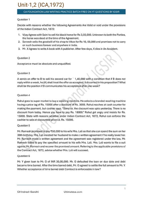 First page of Indaian Contract Act, 1872 practice questions IG Sir