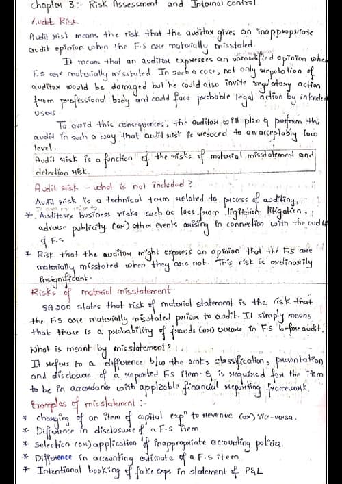 First page of CA Inter Auditing and ethics Chapter 3 - Risk assessment and Internal control Handwritten notes