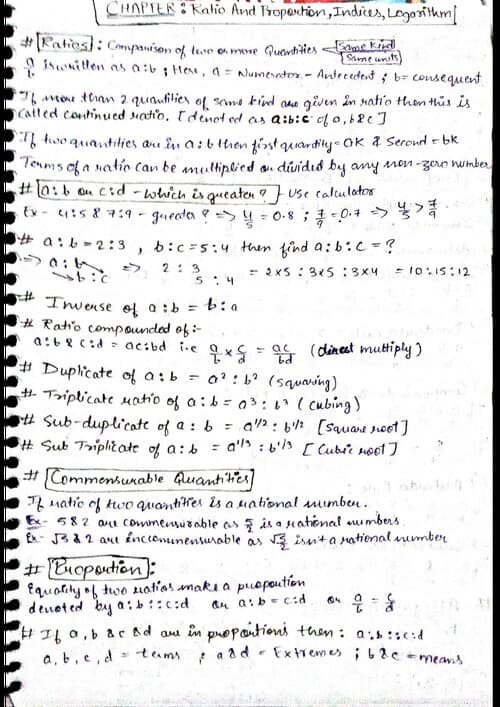 First page of Quick formula revision cheat notes of Ratios & Proportions,Indices, Logarithms