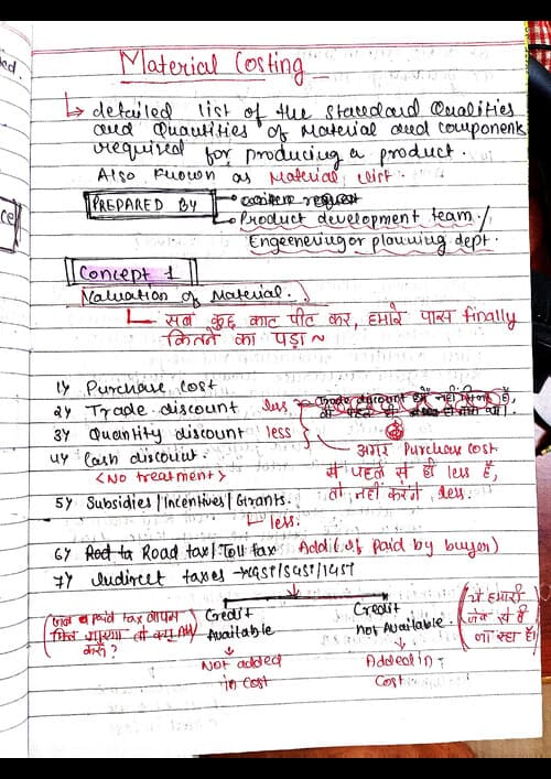 First page of Concept 1- valuation of cost in CH-2 material costing Short notes in deep analysis and tricky adjustments.