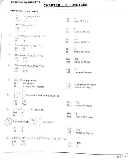 First page of Indices CA Foundation MCQ practice questions