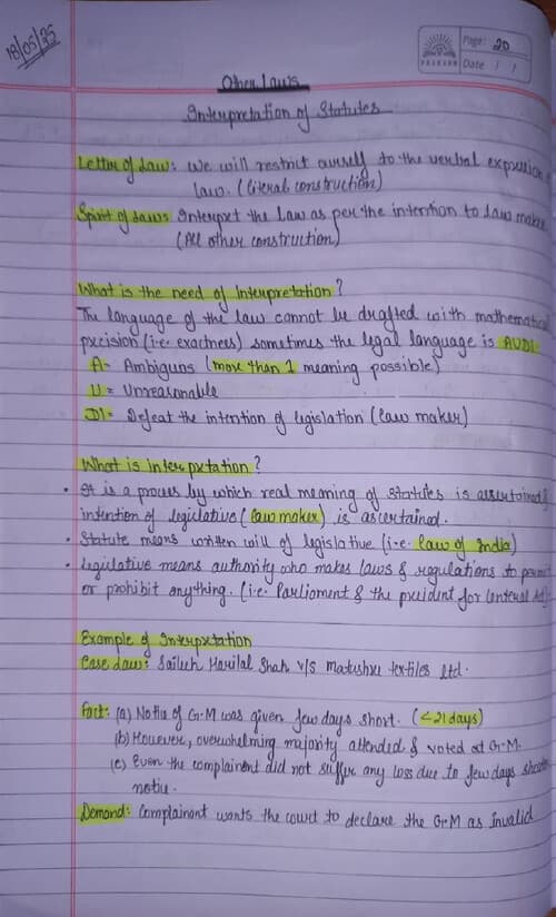 First page of Handwritten detailed notes of Interpretation of Law