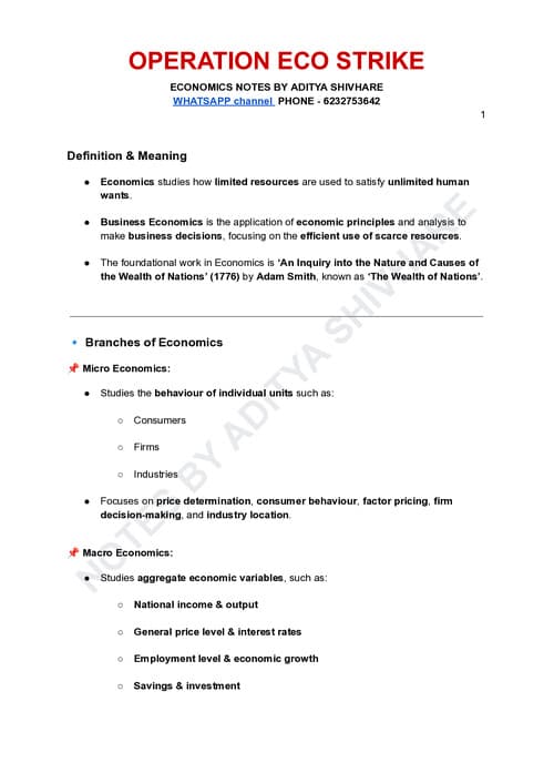 First page of CA Foundation Micro Economics Short Notes