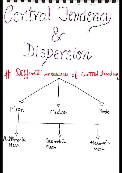 First page of Centeral tendency and Dispersion formulas with examples in clear handwriting