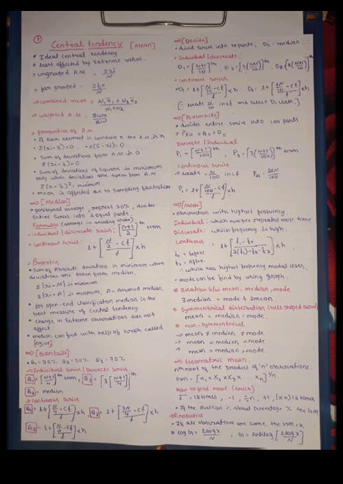 First page of Hand written summary notes of measure of central tendency and desspersion