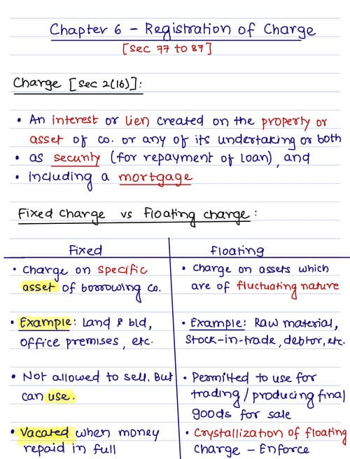 First page of Registration of charges class notes by shubham singhal sir